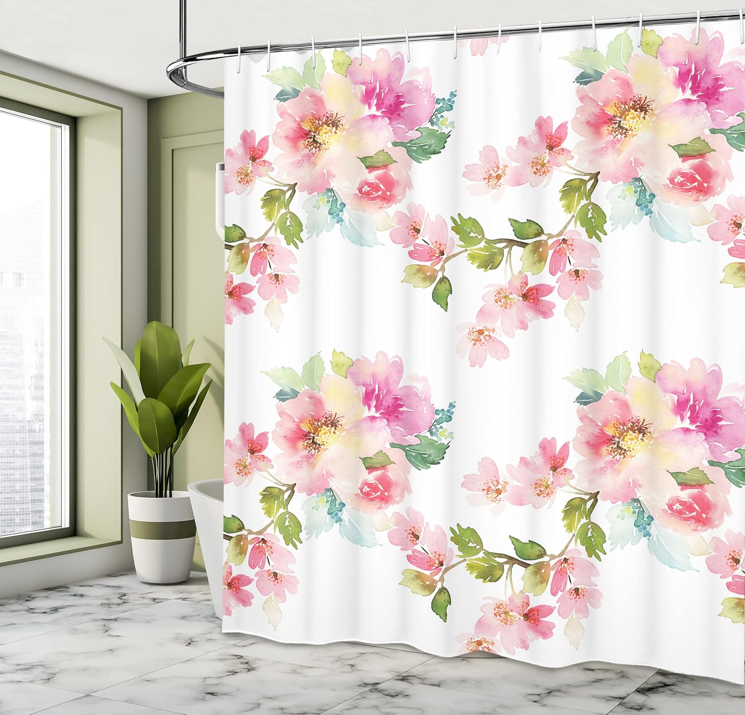 Ambesonne Flower Shower Curtain, Springtime Colorful Pastel Blooming Watercolor Style of The Wildflowers and Leaves of Pattern Art, Cloth Fabric Bathroom Set with Hooks, 69" W x 75" L, Green White
