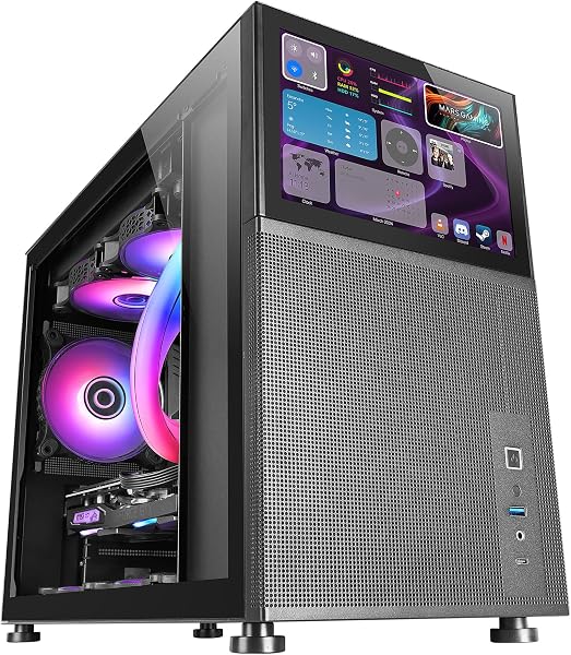 Mars Gaming MC-LCD, Case PC Compatto Micro-ATX, Display LCD IPS 8", Griglia Laterale, Superiore e Frontale Mesh, Finestra Laterale Vetro Temperato, Mini Torre Gaming Design Pannelli Modulari, Nero - 1