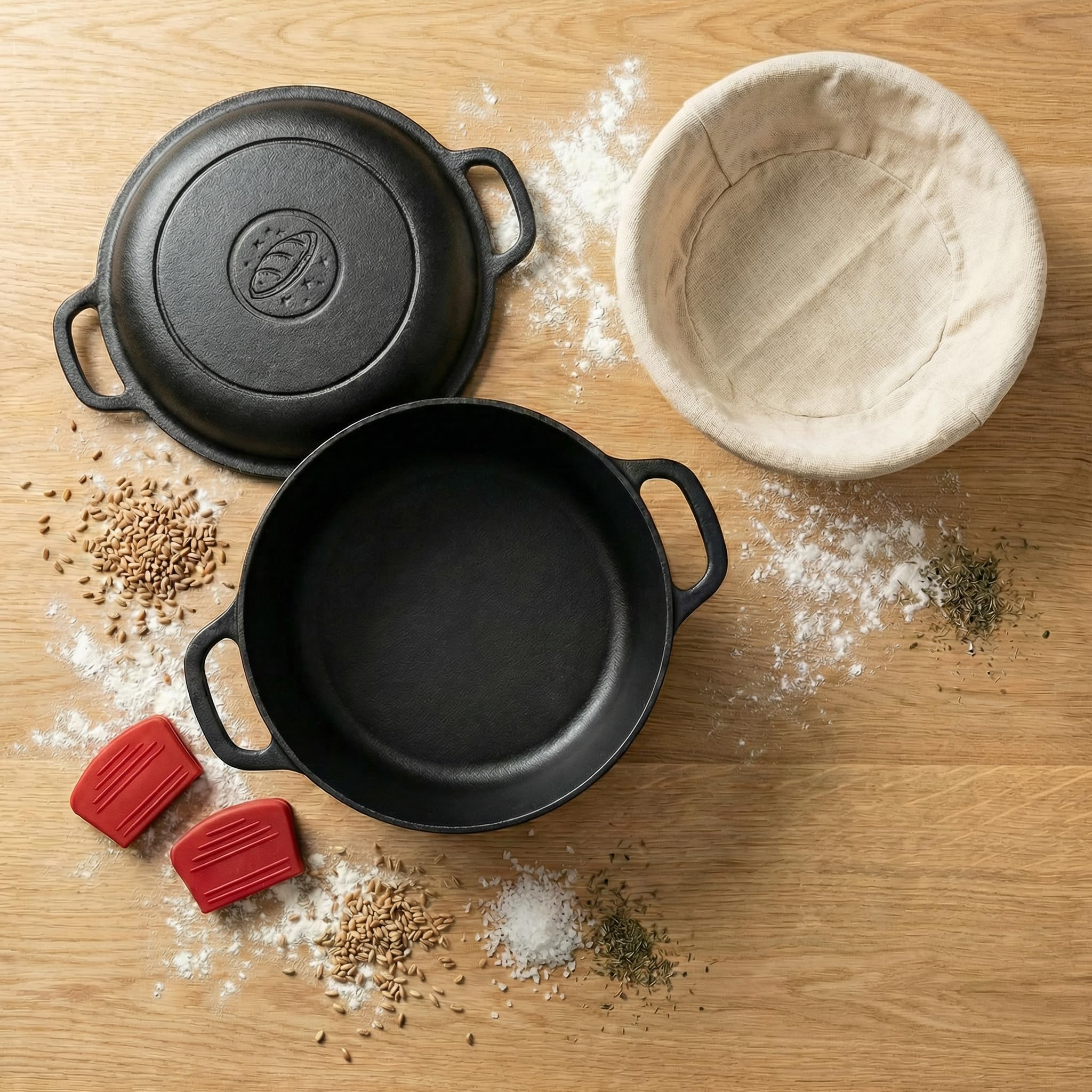 26 cm Gusseisen Brotbacktopf mit Deckel inkl. Rattan Gärkorb Komplett-Set, Traditionelles Brotbacken Zuhause, Für knusprige Kruste & optimale Form, Robustes Brotback-Set mit Gärkorb & Rez
