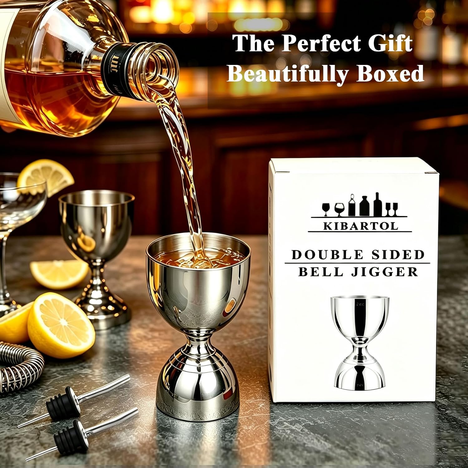 Jigger for Bartending, 2 oz 1 oz Bartender Jigger Stainless Steel, Double Cocktail Jiggers with Internal Measurements, Bar Tool for Bartending, Shot Drink Measurer for Cocktails(1Jigger - 2 Pourers）