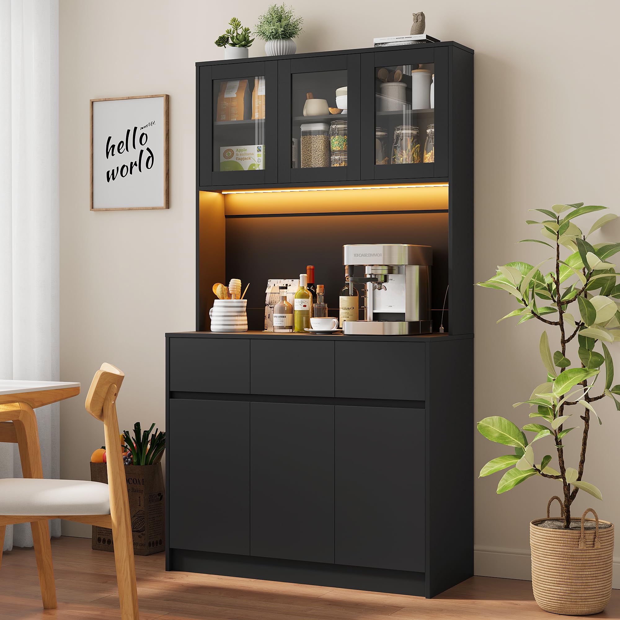Küchenschrank Buffetschrank mit L-E-D Sideboard für Küche mit Ladestation,Hochschrank mit Arbeitsplatte und 3 Schubladen Küchenbuffet mit Verstellbares Regal für Esszimmer