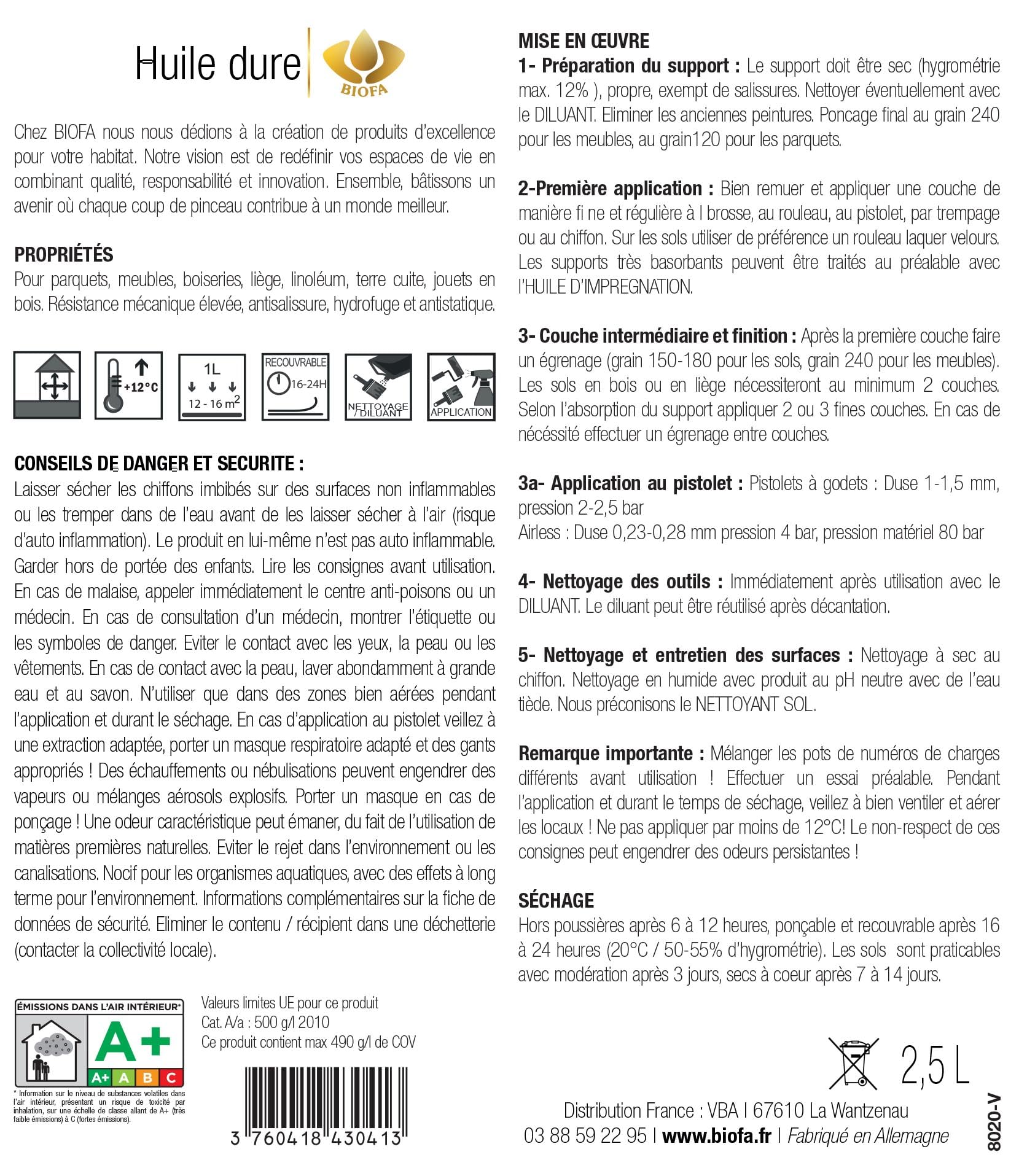 Biofa - Huile dure 2,5L - Protection des bois en intérieur (meubles, sols, boiseries, ...) - Résiste très bien dans le temps
