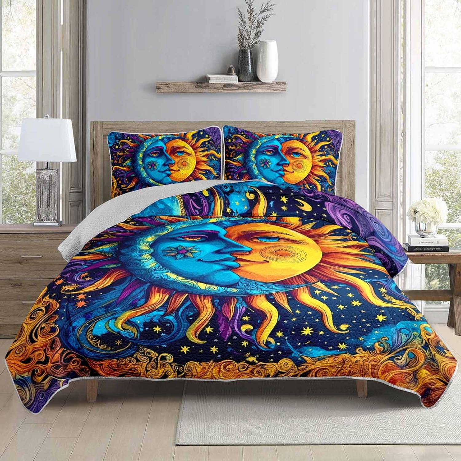 AILONEN Sun and Moon Quilted Bedding Set King Size,3-Piece Blue Yellow Celestial Bohemian Print Bedspread Coverlet with 2 Pillowcases,Soft Microfiber Bed Cover All Season
