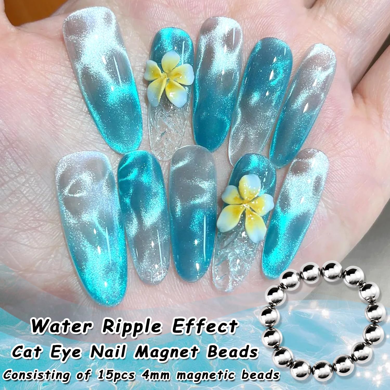 Cat Eye Magnet for Nails, 15pcs Round Magnetic Beads for Cat Eye Gel Nail Polish Water Ripple, Flower, Glass Bead, Side Light, Wide Light Effects Magnetic Nails Art Tools DIY at Home Salon