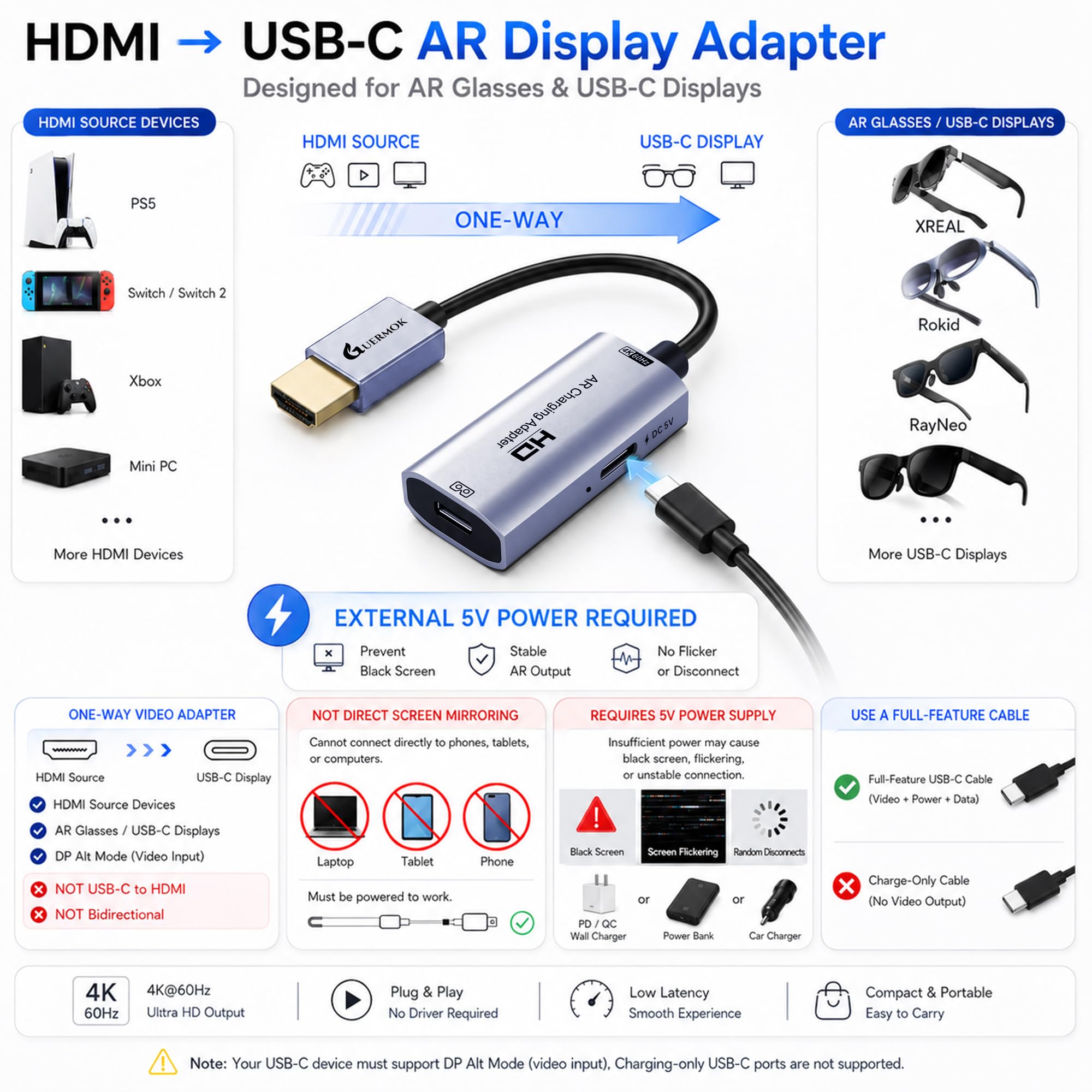 Guermok AR Glasses HDMI to USB-C Display Adapter, 4.9ft 4K@60Hz Play and Charge AR Converter with DC 5V, for XREAL One/Air 2 Pro/RayNeo/Rokid, Switch 2/1, Xbox1, PS4/5, Portable Monitors, Silver
