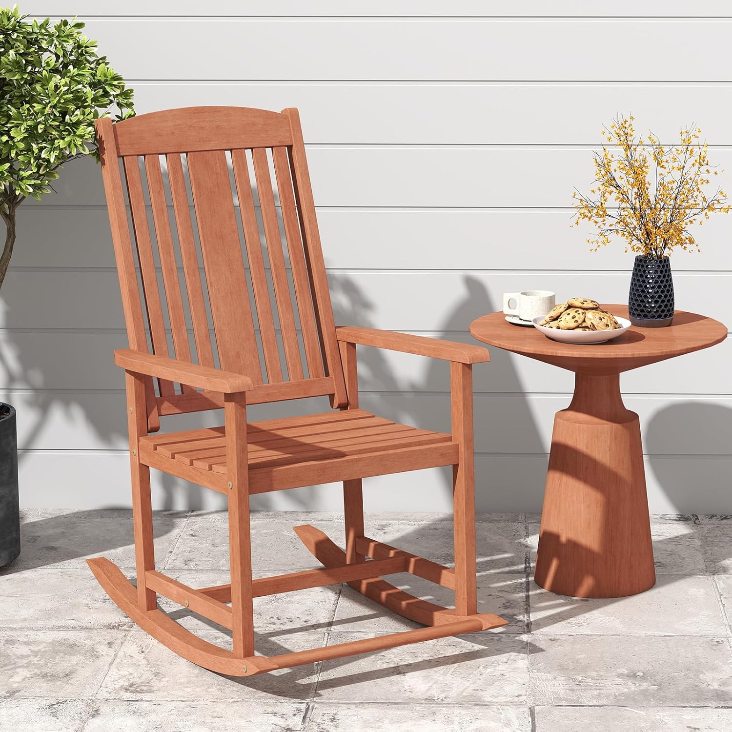 Tangkula Outdoor Patio Wood Rocking Chair, Relaxing Rocker w/High Backrest, Wide Armrests, Curved Seat, for Porch, Patio, Garden, Backyard, 400 LBS Support, Natural (1)