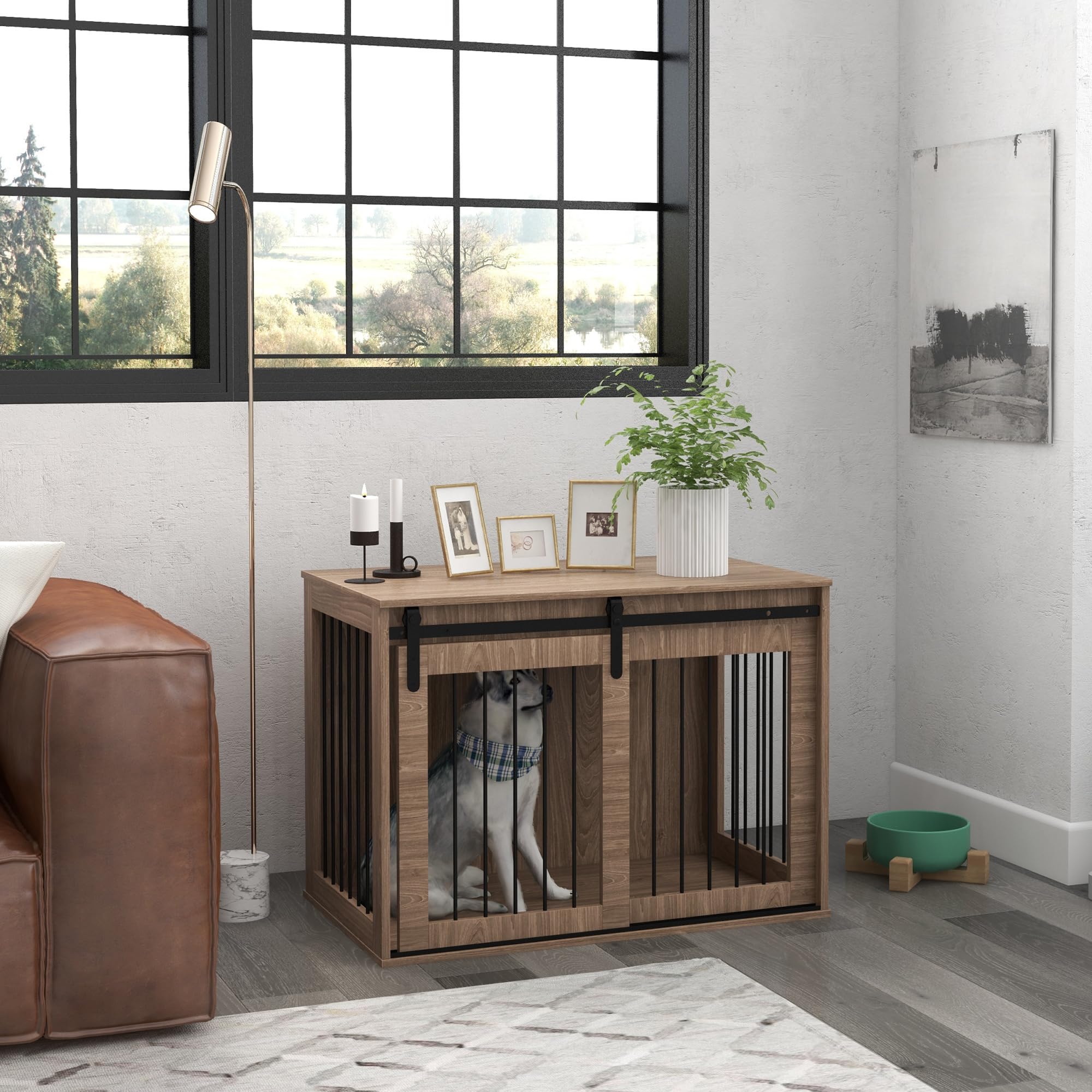 PawHut Abri pour grands chiens en bois pour intérieur, Kennel Niche Cabane pour chiens multi-usages avec porte coulissante, 98 x 58 x 61 cm, marron