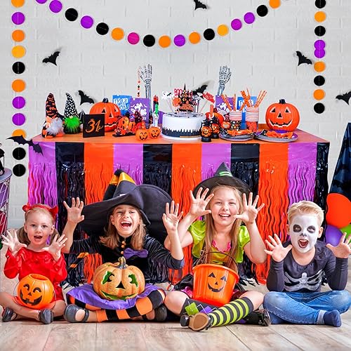 Miniatura 5 de LOLStar Decoraciones de fiesta de Halloween, paquete de 4 faldas de mesa onduladas de oropel metálico con flecos de papel de aluminio para mesa