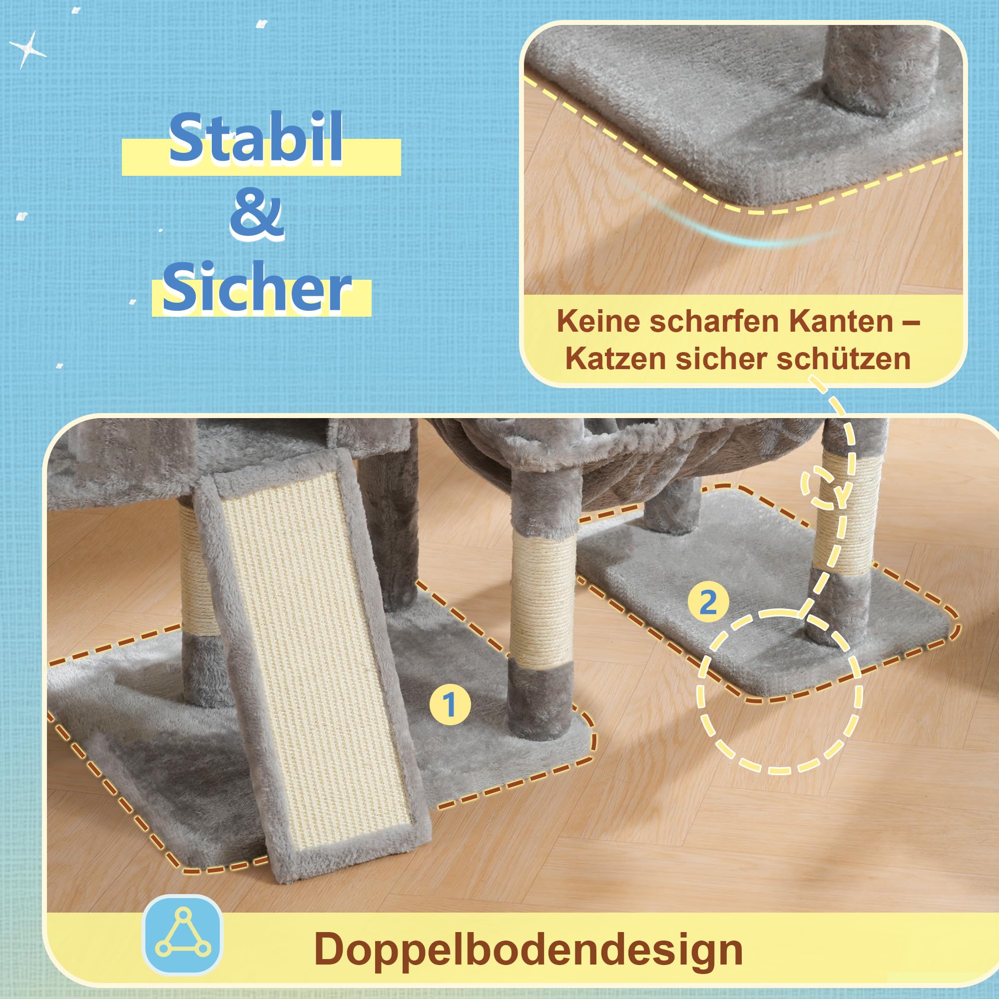 Hey-brother Kratzbaum, Katzenbaum mit Grosse Plattformen für Großkatze, 127 cm hoch, Treppenstruktur, Katzenkratzbaum mit 2 höhlen, geräumiger Hängematte, Sisalkratzbrett und Korb, Hellgrau MPJ071W