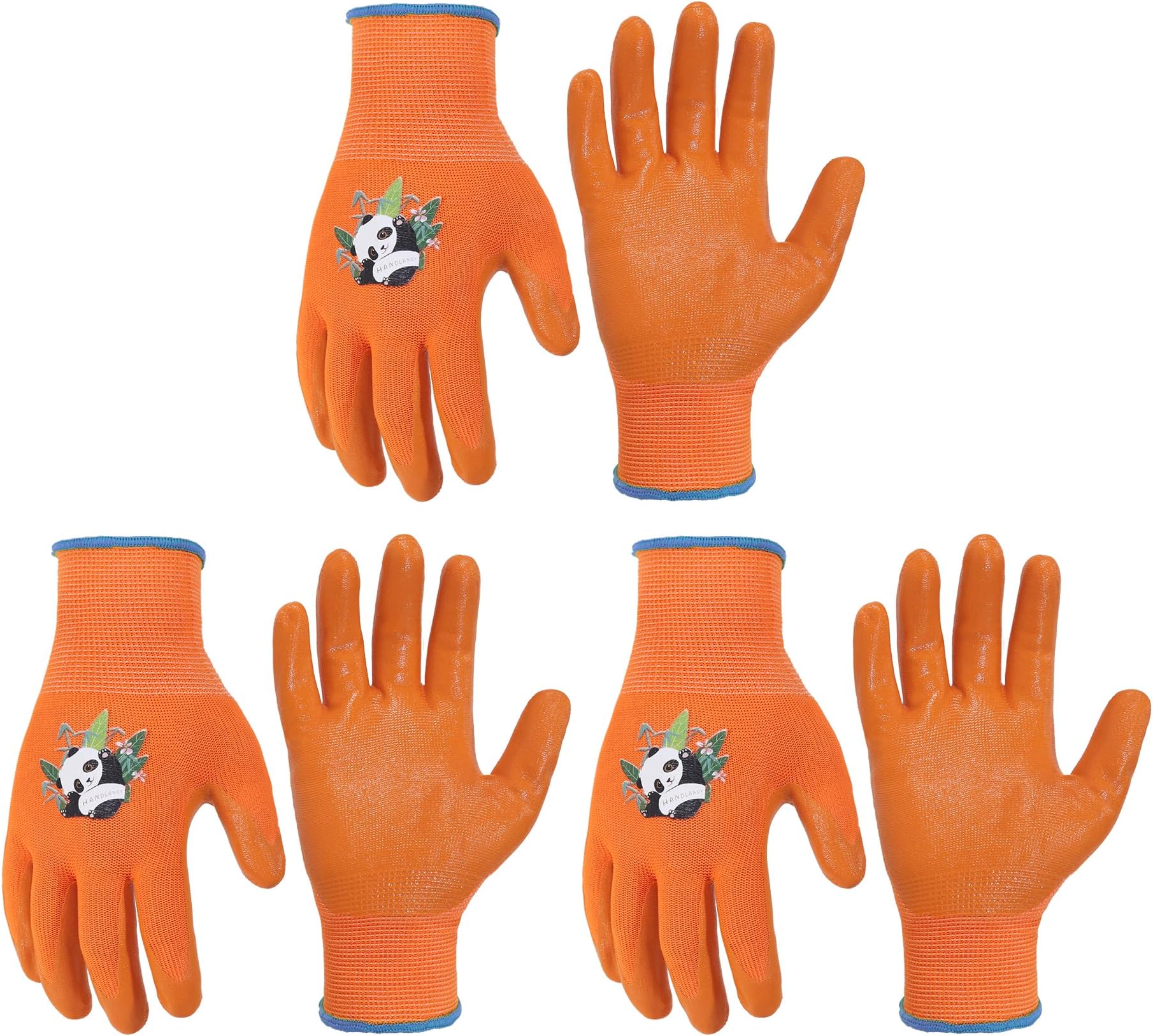 HANDLANDY 3 Pairs Kids Gardening Gloves for Age 2-13, Toddler Children Garden Yard Work Outdoor Playing Gloves, Rubber Coating, for Girls Boys Youth (Orange, Size M, Age 4-5)