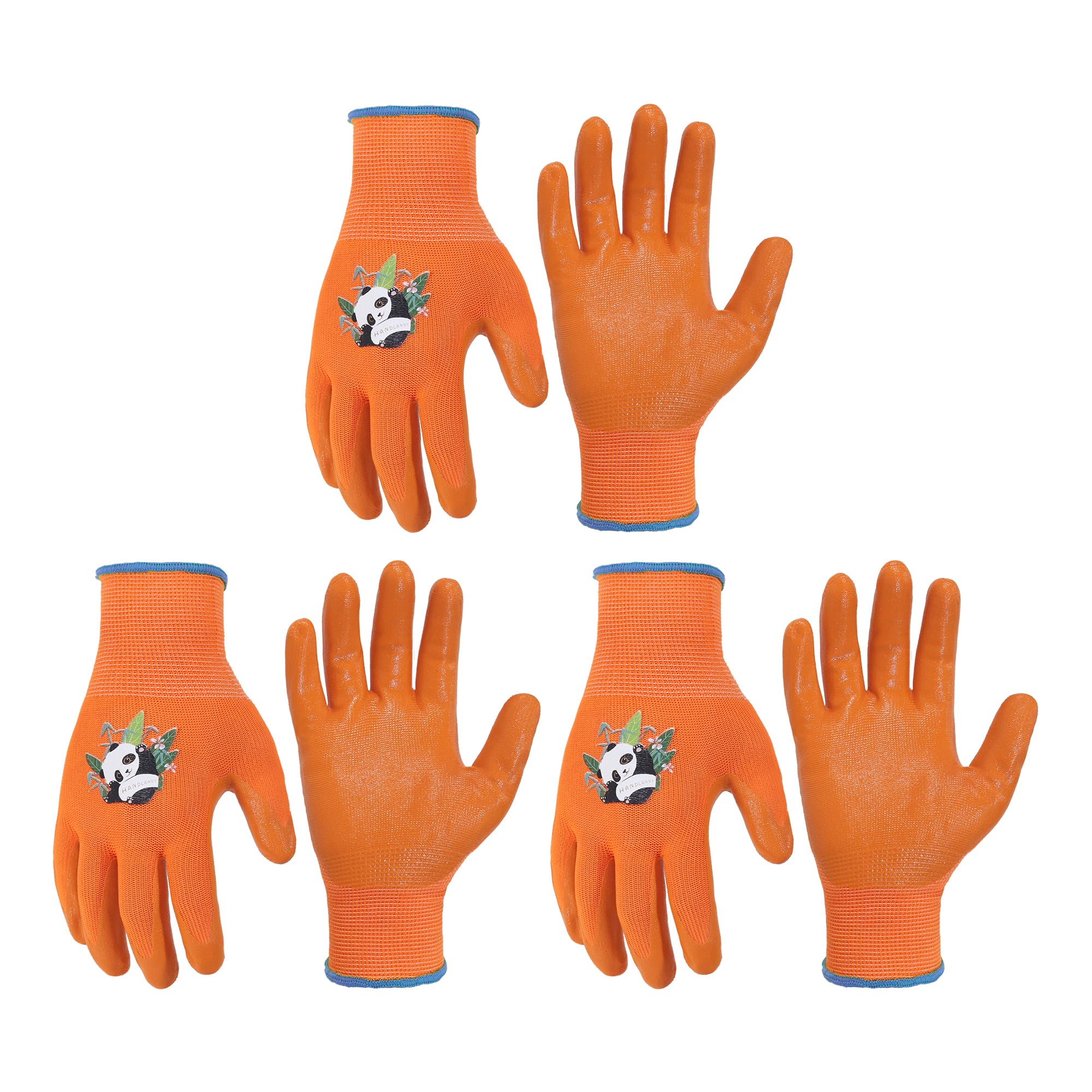 HANDLANDY 3 Pairs Kids Gardening Gloves for Age 2-13, Toddler Children Garden Yard Work Outdoor Playing Gloves, Rubber Coating, for Girls Boys Youth (Orange, Size 3, Age 4-5)