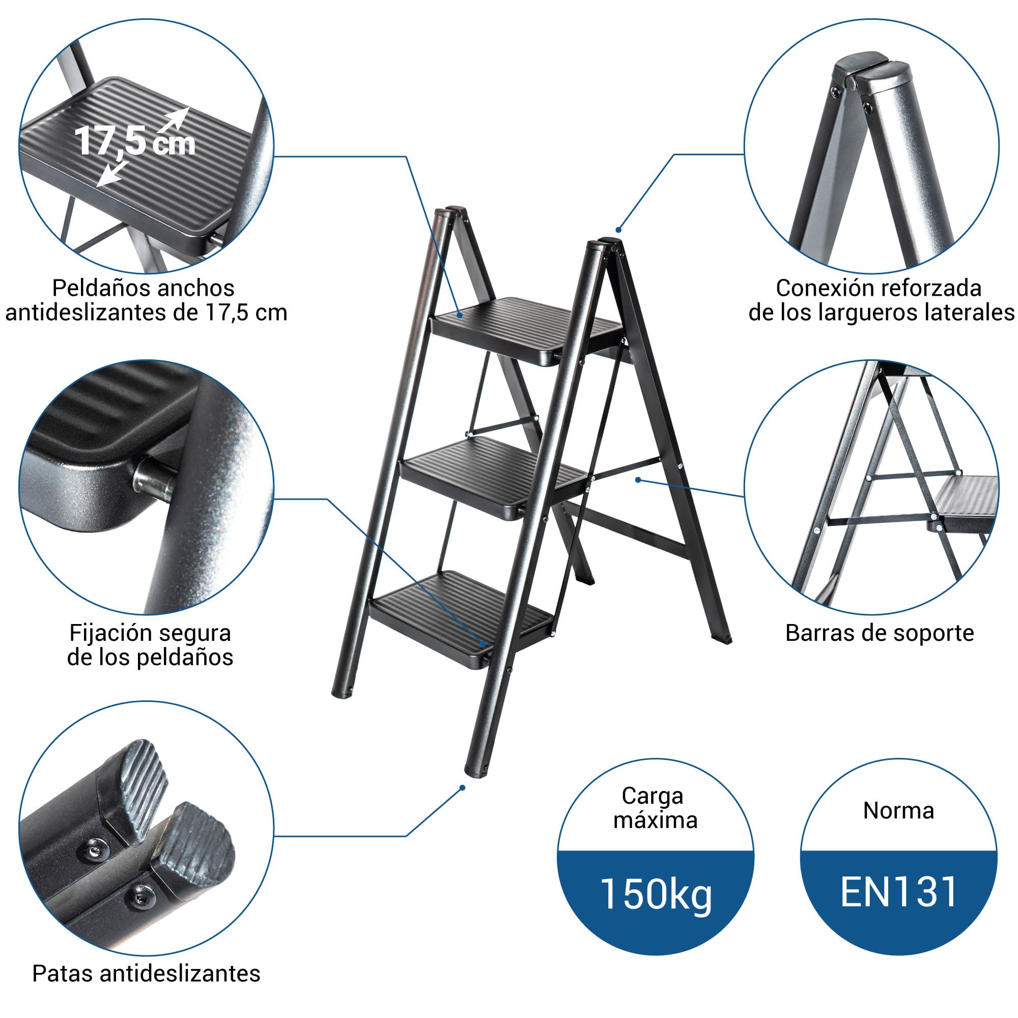 HOSTRÖM Escalera 3 peldaños FOLDPACT3, Taburete Plegable, Diseño ultracompacto, Peldaños Anchos 17,5 cm, Acero, Estante Temporal, Garantía 5 años.