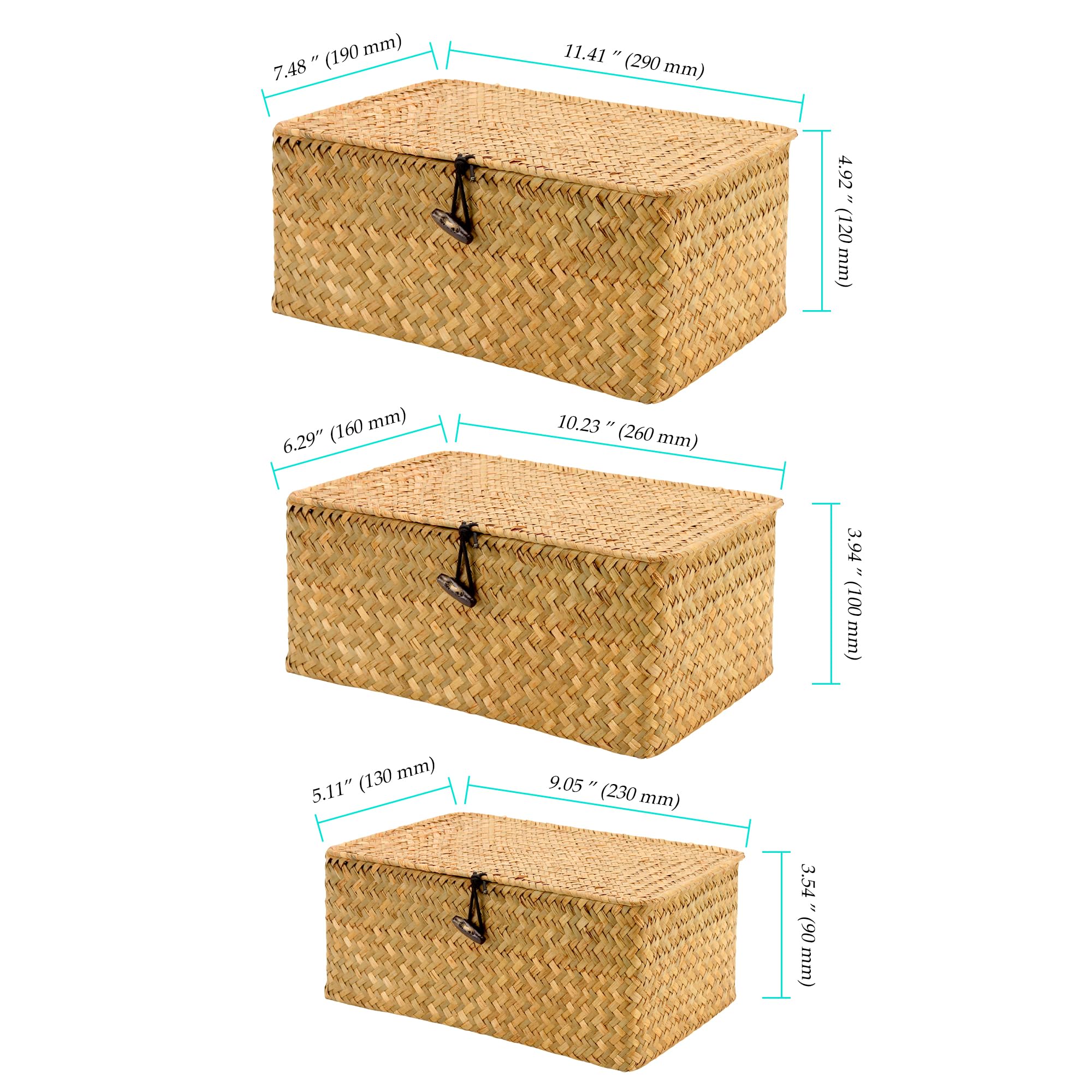 Set di 3 cestini per erba marina con coperchio, in vimini intrecciati naturali, rettangolari, in rattan con coperchio, per soggiorno, bagno, cucina, organizzazione