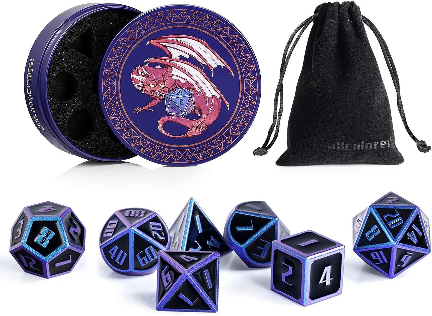 16mm Metal Dice Set D&D, Chameleon DND Polyhedral Dice with Metal Case and Velvet Bag for Playing Tabletop Roleplay Games Dungeons and Dragons by ALLCOLORED