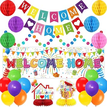 Holkcog Welcome Home Party Decorations, Welcome Back To Home Sign, Colorful Glitter Banner, Ballons, Honeycomb Ball for Wall, Colorful Family Party Supplies, We Missed You So Much Decorations