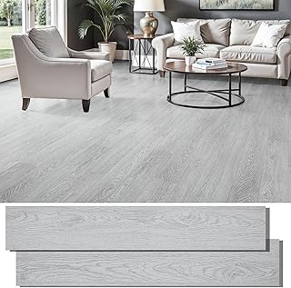 Peel and Stick Floor Tile, INMOZATA Self Adhesive Vinyl Plank Flooring Tile Wood Grain Look 36-Pack 54 Sq.Ft Waterproof Tile Sticker for Bedroom, Living Room, Kitchen, RV (Light Gray)