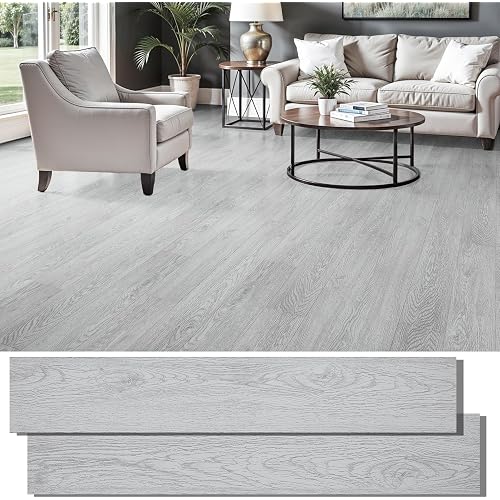 INMOZATA Peel and Stick Floor Tile Waterproof Vinyl Plank Flooring | 36-Pack 54 Sq.Ft, Heat-resistant, Wood Grain Self Adhesive Flooring for DIY Bedroom Living Room Bathroom Kitchen, Light Gray