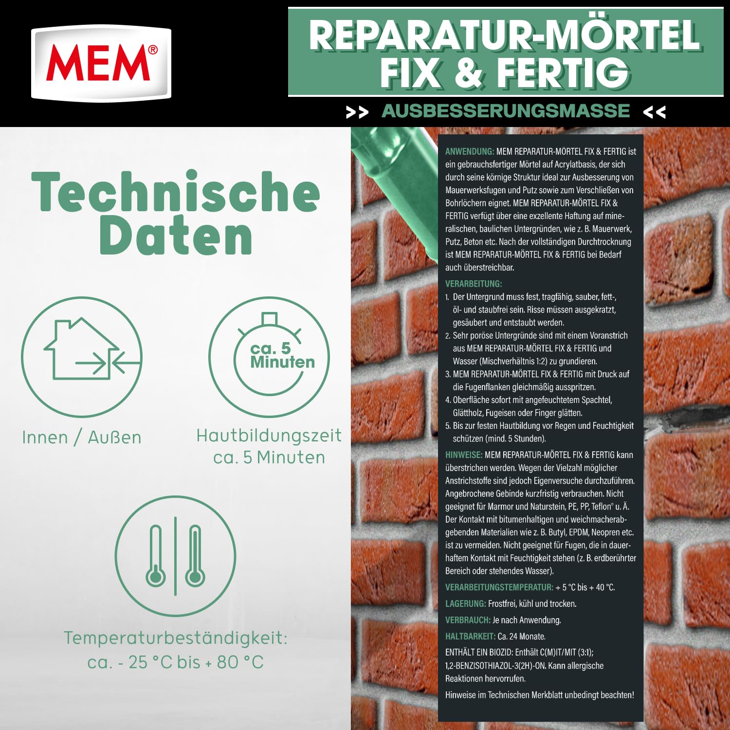 MEM – Malta per riparazione Fix e pronta da 300 ml, Acrilico, Grigio Mem-500600