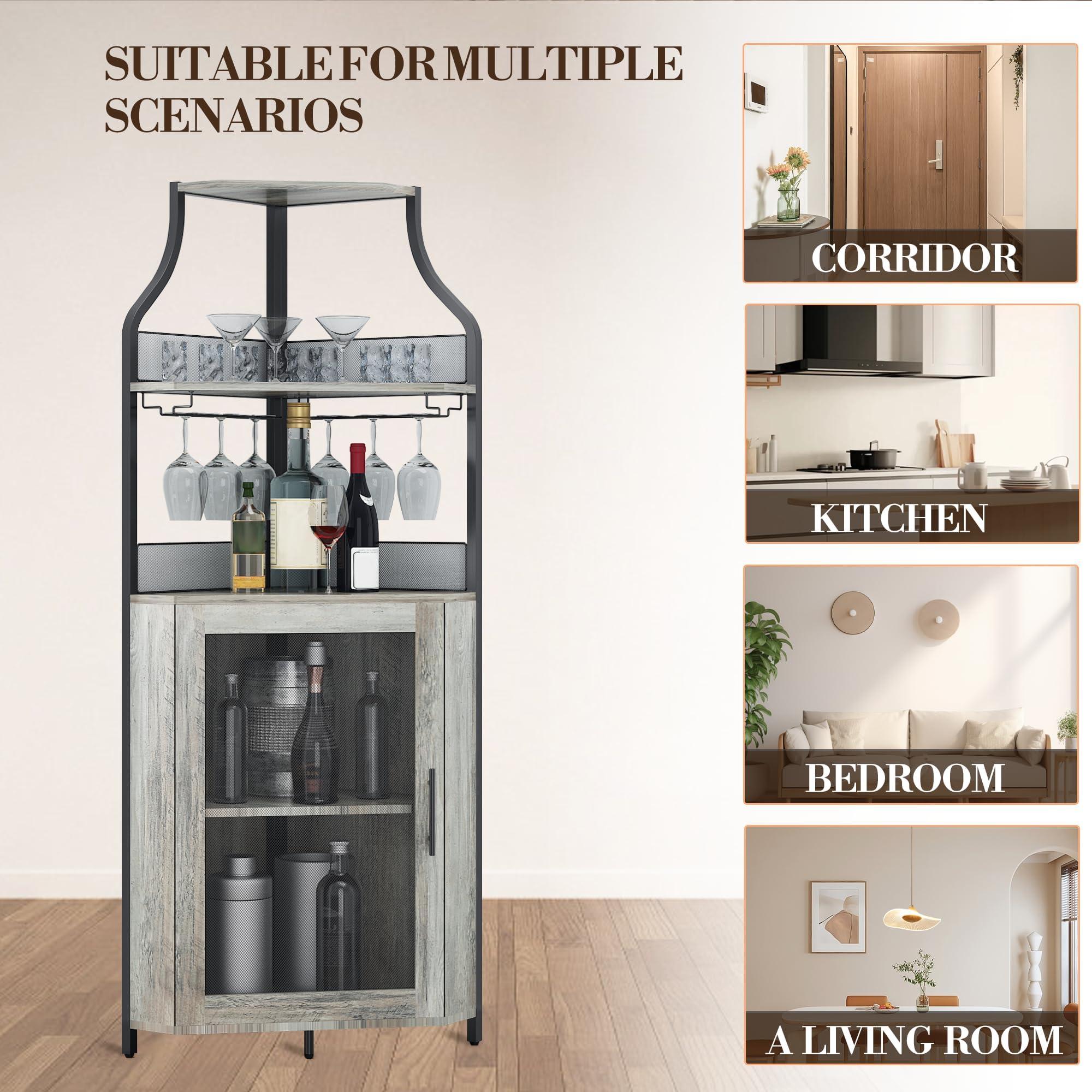 Armoir à Vin Angle avec Etagère Réglable, Meuble Bar à Vin avec Porte-Verres et Portes en Maille, Buffet Cuisine Angle et Dispositif Anti-Basculement, Industriel, 45 x 45 x 152.5 CM