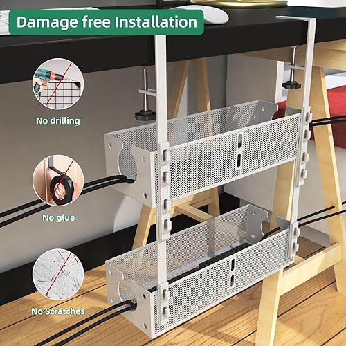 Miniatura 6 de Organizador de cables para debajo del escritorio, 2 unidades de metal para debajo del escritorio, bandeja de gestión de cables, montaje de