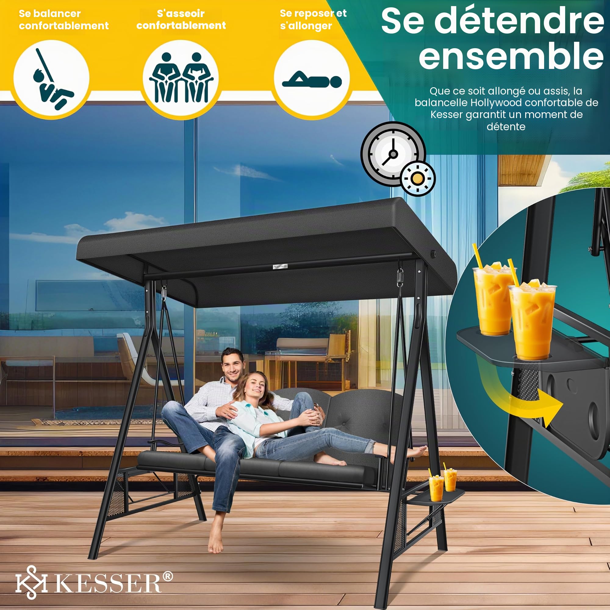 KESSER® Balancelle de jardin 3 places, Portique Balancoire Extérieur avec toit pare-soleil et coussin d'assise - Charge maximale : 360 kg - Avec pieds antidérapants - Imperméable