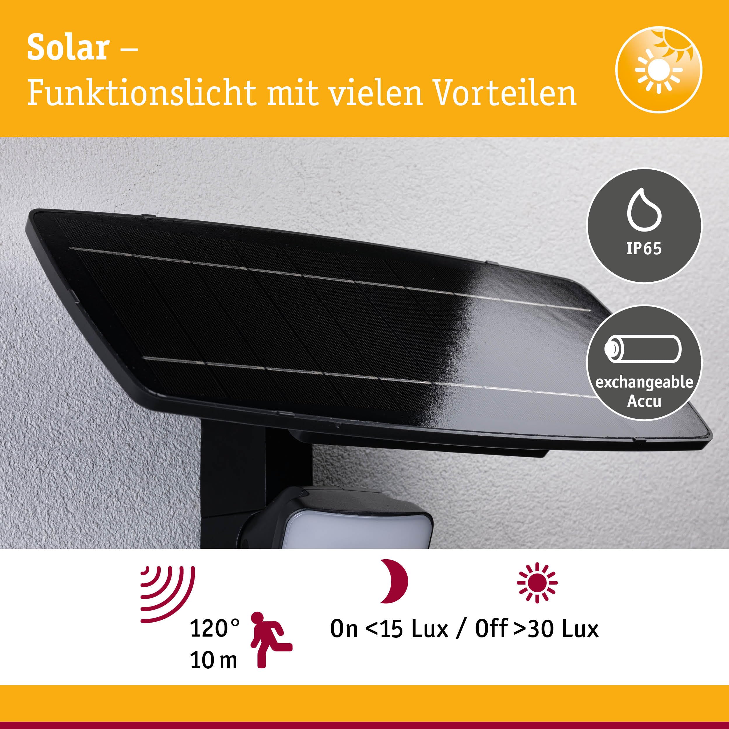 Paulmann 95705 - Flotas a energia solare, con sensore di movimento crepuscolare (HF) IP65, 3000 K, 700 lm, colore: antracite