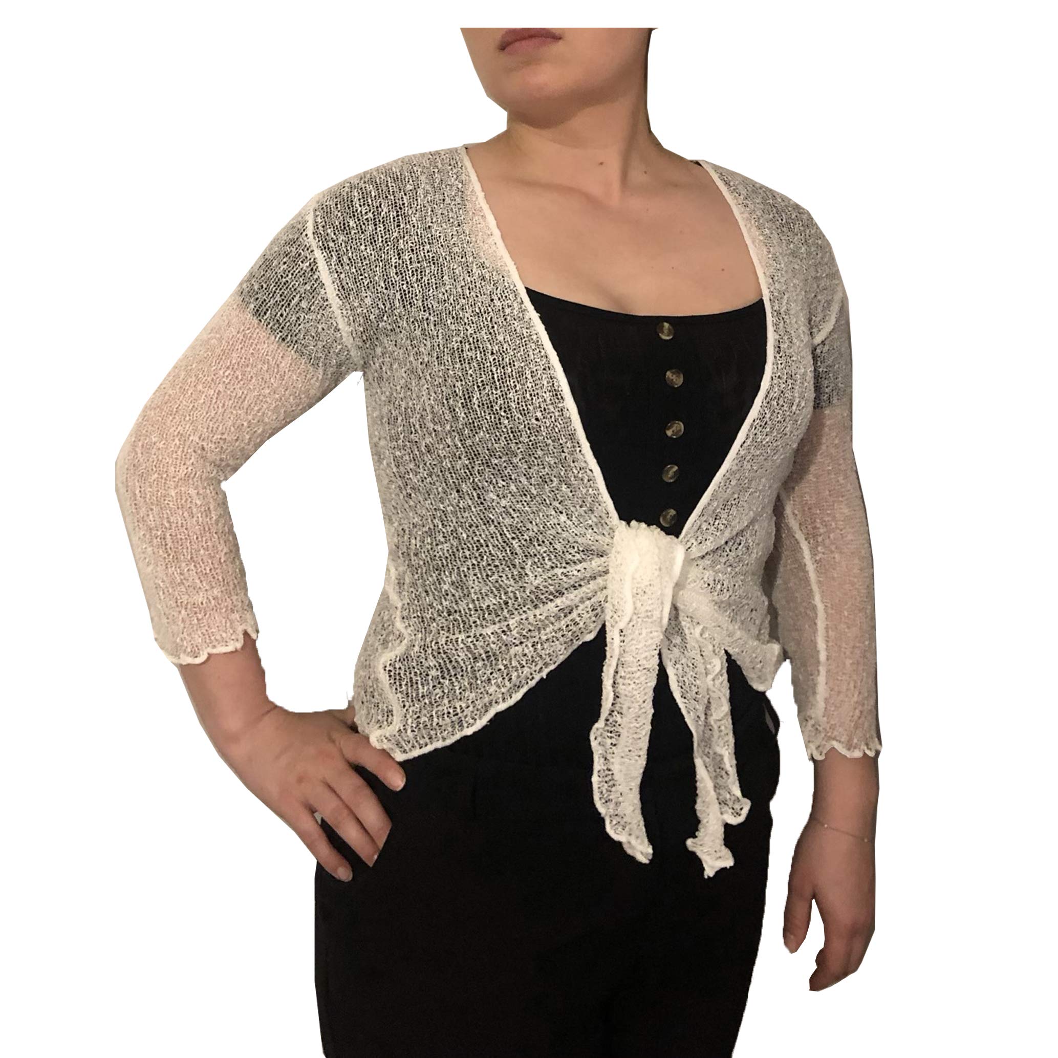 Exclusive Ladies Plain Knitted Cropped TIE UP Bolero Shrug TOP - Massive FIT (Ivory)