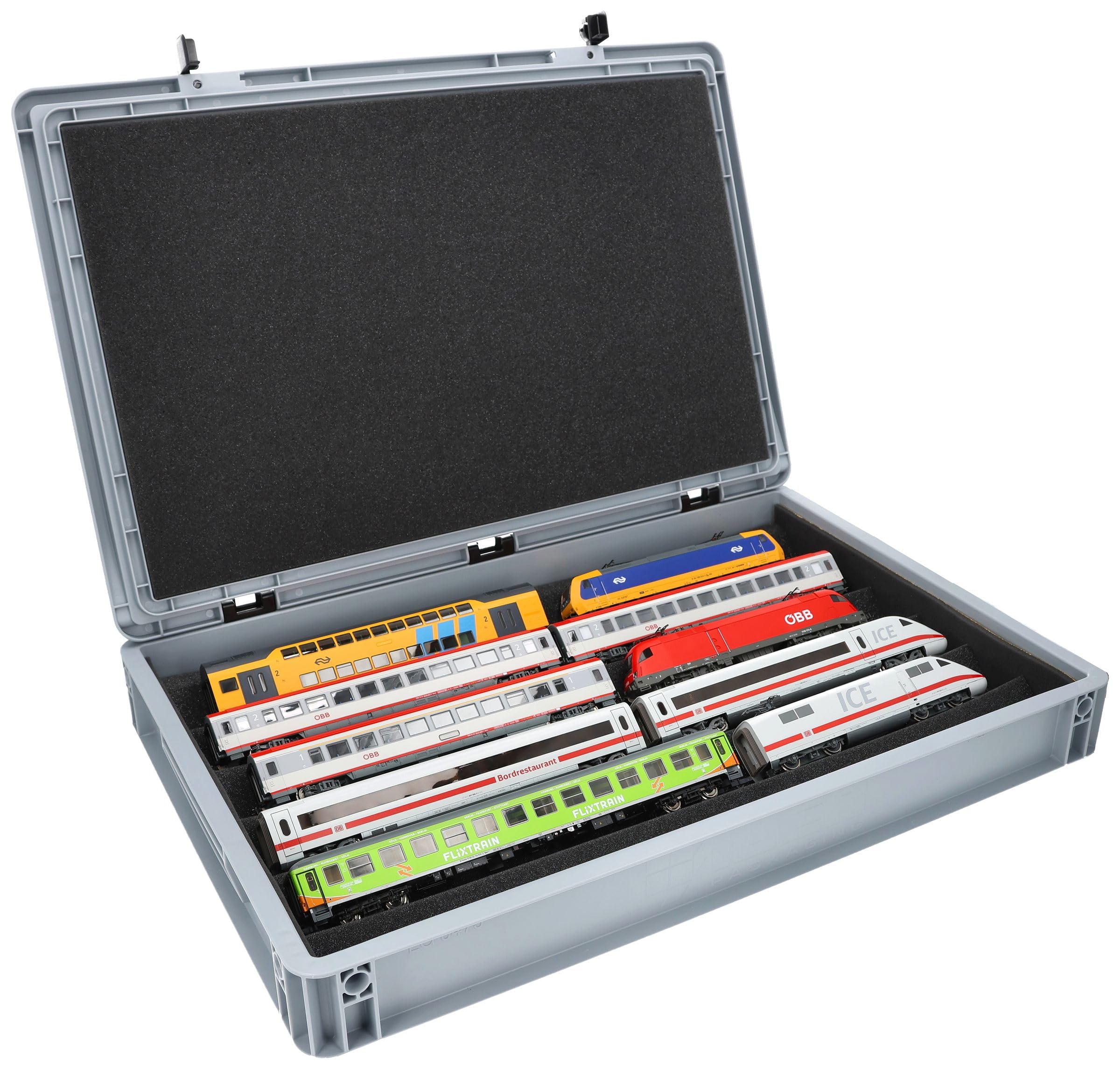 Feldherr H0 Model Railway 3-in-1 System - 60x40 Eurobox with V-Shaped Train Tray for Storage, Display & Transport - Made in Germany