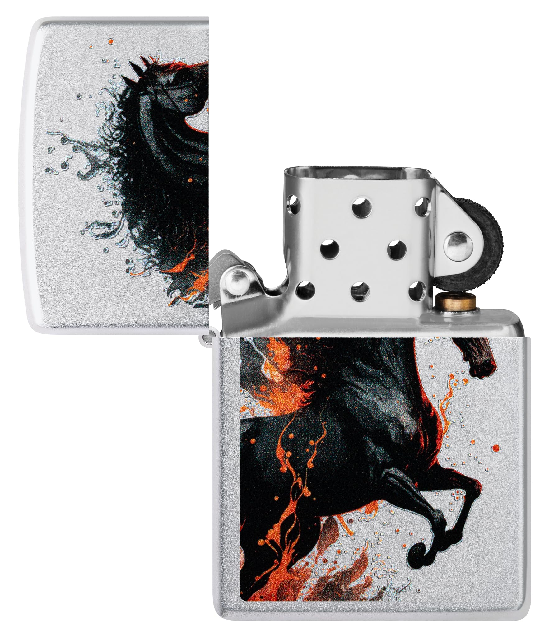 Zippo Sturmfeuerzeug - Fire Horse, Satin Chrome, Color Image - Nachfüllbar - Wiederverwendbar - Windfestes Design - Geschenkbox - Made in USA