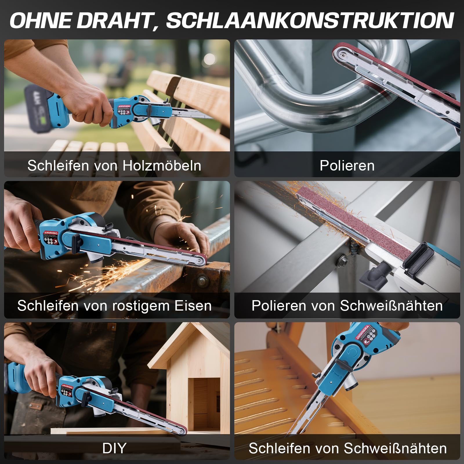 Akku Bandschleifer Kompatibel mit Makita 18V, Bürstenloser Akku-Bandfeile mit Schleifarme 9 mm und 13 mm inkl. 16x Schleifbänder, 6 Geschwindigkeiten, 100° Einstellbare Feilenschleifer (ohne Akku)