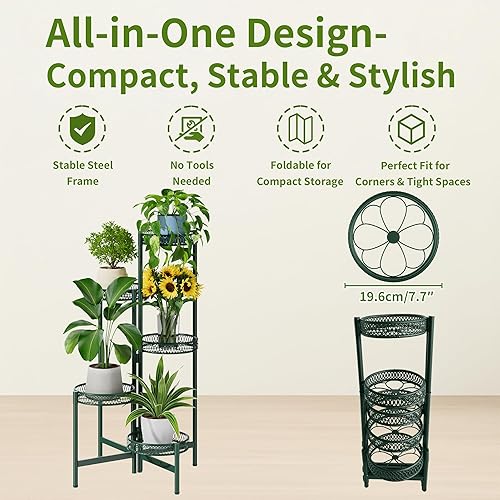 Miniatura 5 de Soporte de metal para plantas de 5 niveles para interiores y exteriores, estante alto de esquina para múltiples plantas, soporte plegable para