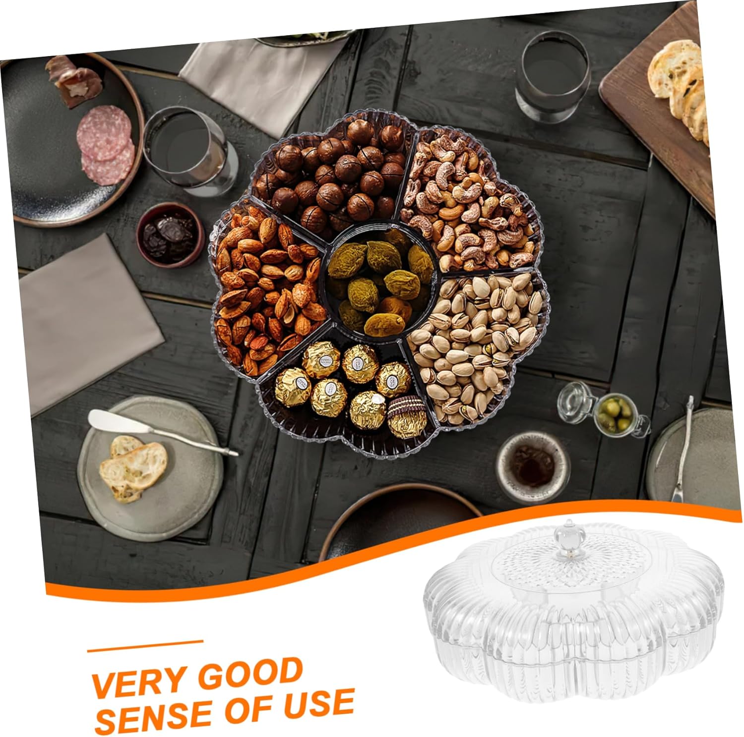 ABOOFAN Divided Fruit Serving Tray Transparent Snack Holder with Floral Design for Parties Weddings and Home Use Dried Fruits Candies and Snacks