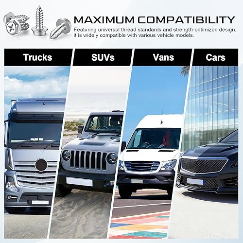 Miniatura 7 de LivTee Tornillos inoxidables para placa, marcos y cubiertas de en automóviles y camiones, juego de 4 pernos con montaje autorroscantes de acero