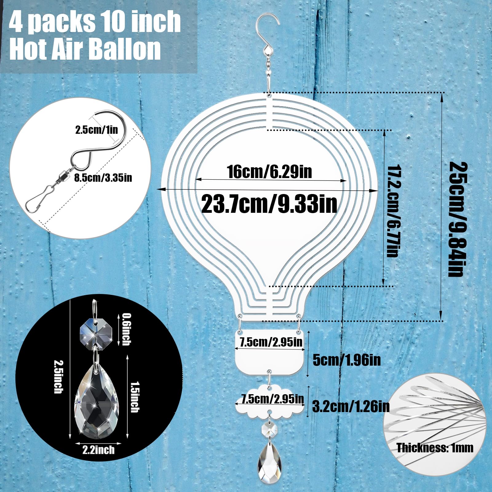 4x Windspinner Aus Aluminium – 20,3 Cm, 3D Sublimationsrohlinge Für Garten-Deko (Heißluftballon)