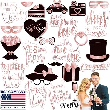Wedding Photo Booth Props 24 Pieces, Rose Gold, Fun Photoshoot Party Selfie Accessories, Silly Group Picture Favors for Wedding Reception, Anniversary, Engagement, or Shower
