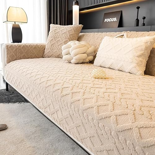 Funda de sofá de felpa jacquard geométrico, funda antideslizante para sofá seccional, funda cálida de piel sintética (crema, 36 x 70 pulgadas, funda