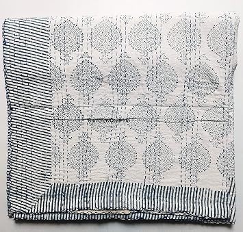 Blue Cotton Handmade Handblock Quilted Blanket Indian Cotton Spread Kantha Handblock Print Beork Bohemian Bed Decor Block Throw Blanket Twin/King/Queen (Queen 90X108 inches (8))