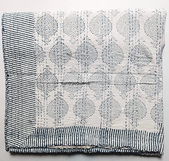 Blue Cotton Handmade Handblock Quilted Blanket Indian Cotton Spread Kantha Handblock Print Beork Bohemian Bed Decor Block Throw Blanket Twin/King/Queen (Queen 90X108 inches (8))