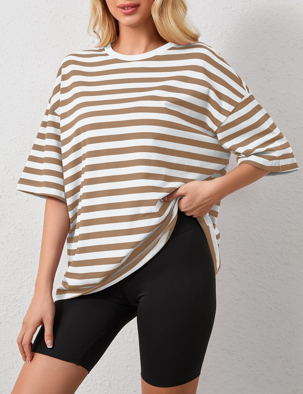 Women Oversized Striped Color Block Short Sleeve Crew Neck T-Shirts Casual Loose Pullover Tops Summer Tee Shirt - Image 3