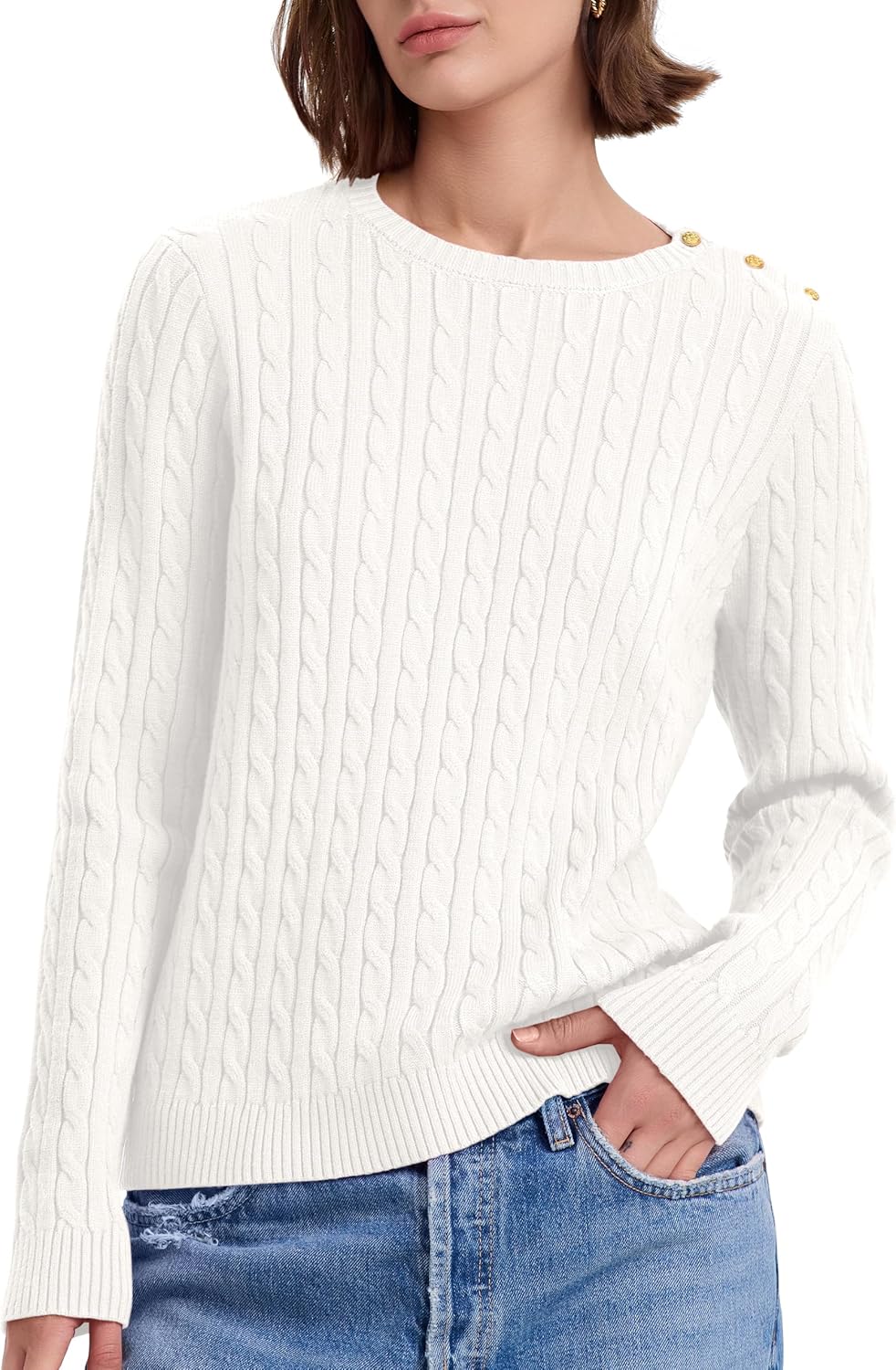 PrettyGuide Women's Cable Knit Sweater Long Sleeve Crewneck Button Shoulder Casual Pullover Sweaters Tops - Image 4