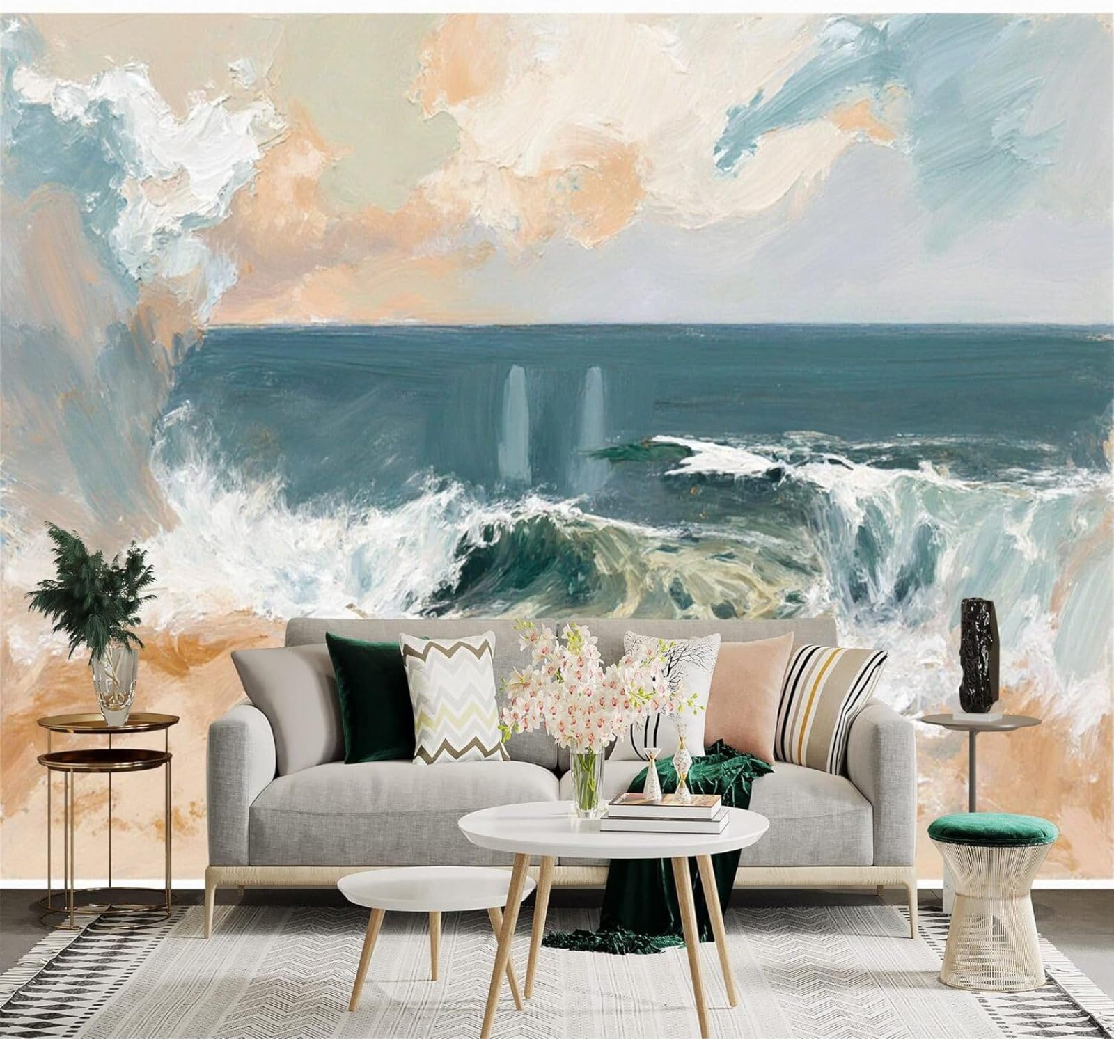 XLMING Waves Cloudy Skies Sandy Beaches Seascapes Art 3D Wallpaper Premium Textured Silk Study Dining Living Room Bedroom Sofa TV Wall Easy Install-300cm×210cm