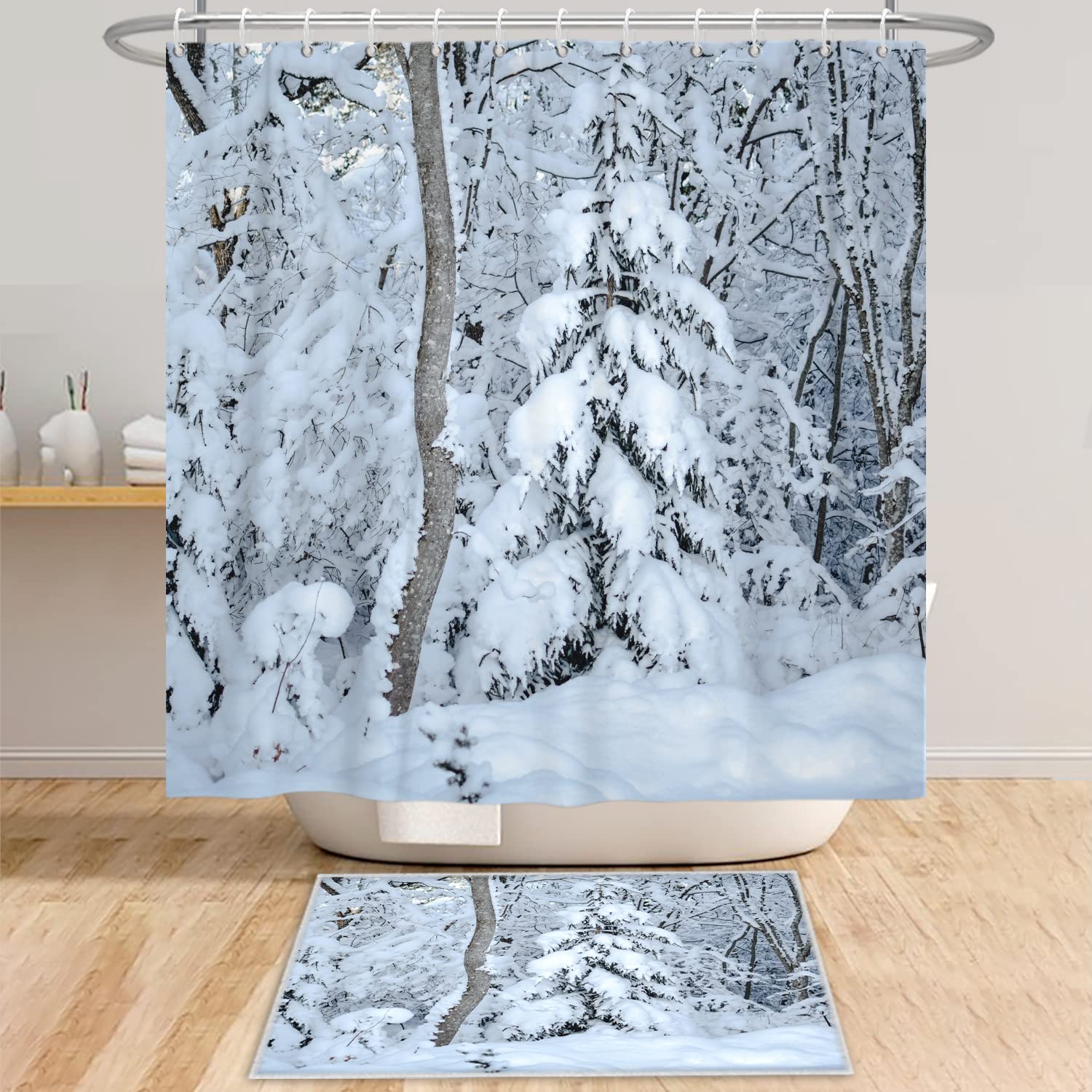 Bovlleetd 71x71inch Winter Snow Shower Curtain 3D Winter Forest Snowing Shower Curtains Natural Scenery Bathroom Decorative Curtain Waterproof Bath Curtain with Hooks Durable - Image 4