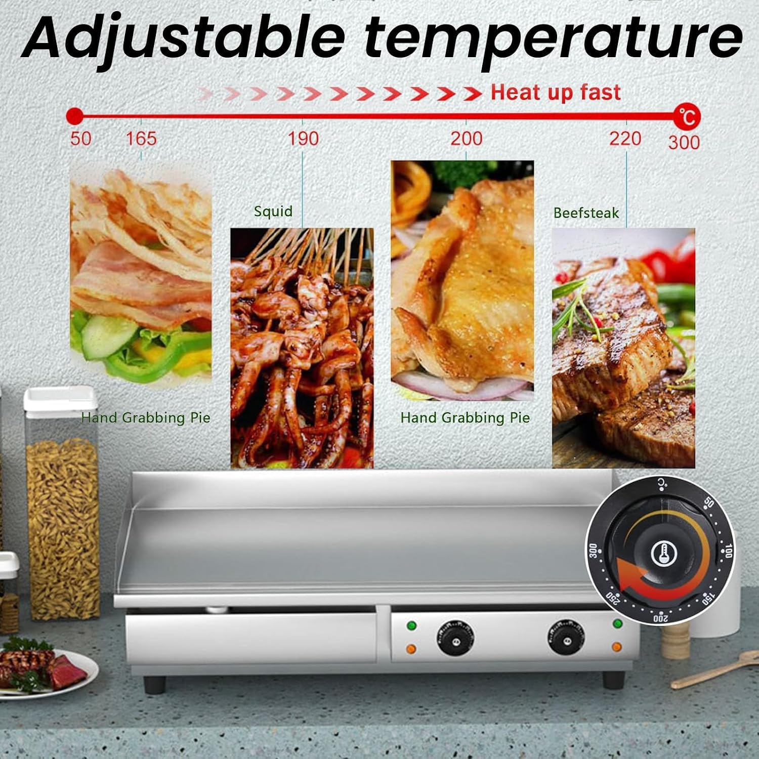 Plancha eléctrica de sobremesa de 29 pulgadas, parrilla plana antiadherente de acero inoxidable con calor ajustable.