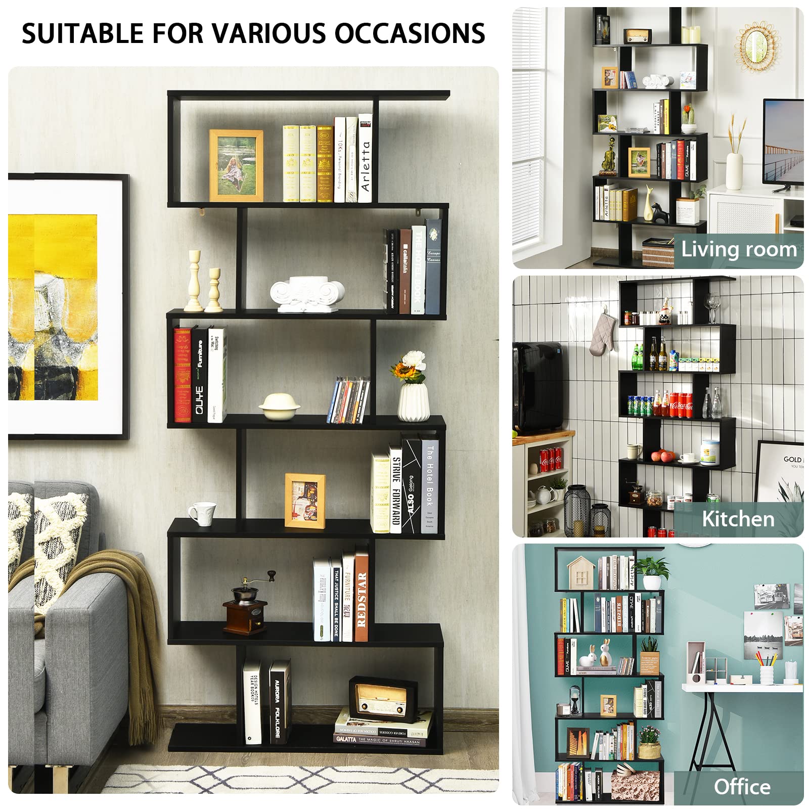 GIANTEX Librería en Forma de S, Estantería para Libros con 6 Estantes, 80 x 23 x 191 cm, Estantería de Almacenamiento Multifuncional, Diseño Antivuelco, para Salón, Estudio (Negro)