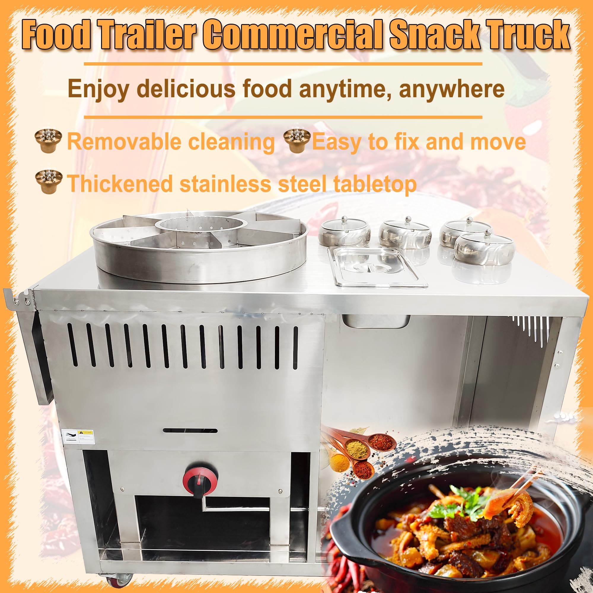 HQHAOTWU Stainless Steel Street Hot Food Cart Fountain Beef Offal Pork Pot Commercial Stall Beef Minced Pork Cart Gas Stove Stall Equipment Spicy Hot Pot Gas Snack Stall Mobile Cooking Food Cart