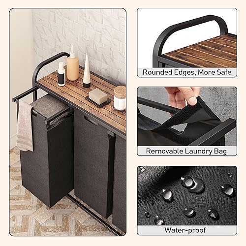 Miniatura 6 de Cesta de lavandería con estante, organización de lavandería, 3 x 46 L, bolsas extraíbles y extraíbles con calcomanías de letras, marco de metal,