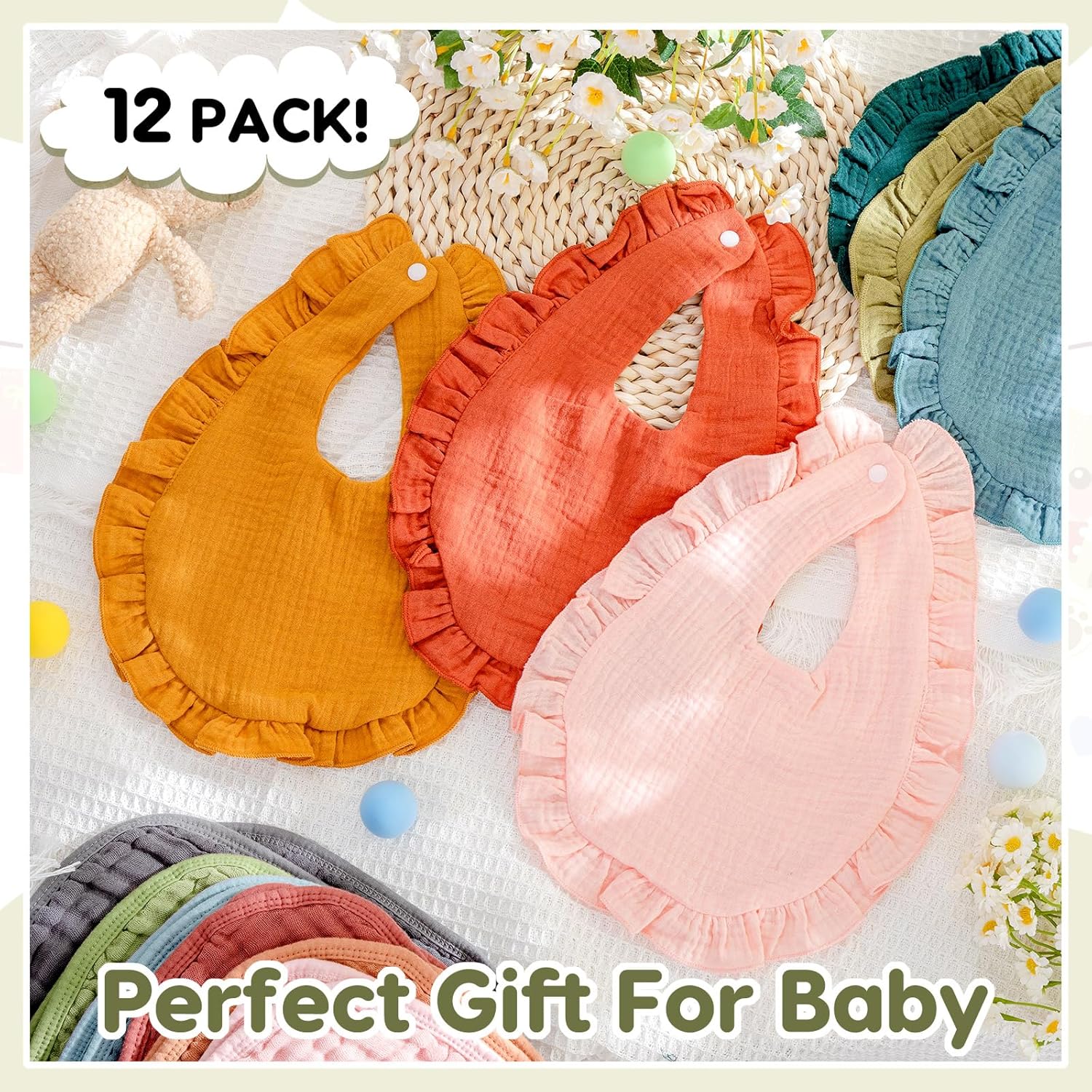 Newcotte 12 Pcs Baby Muslin Bibs and Burp Cloths Set