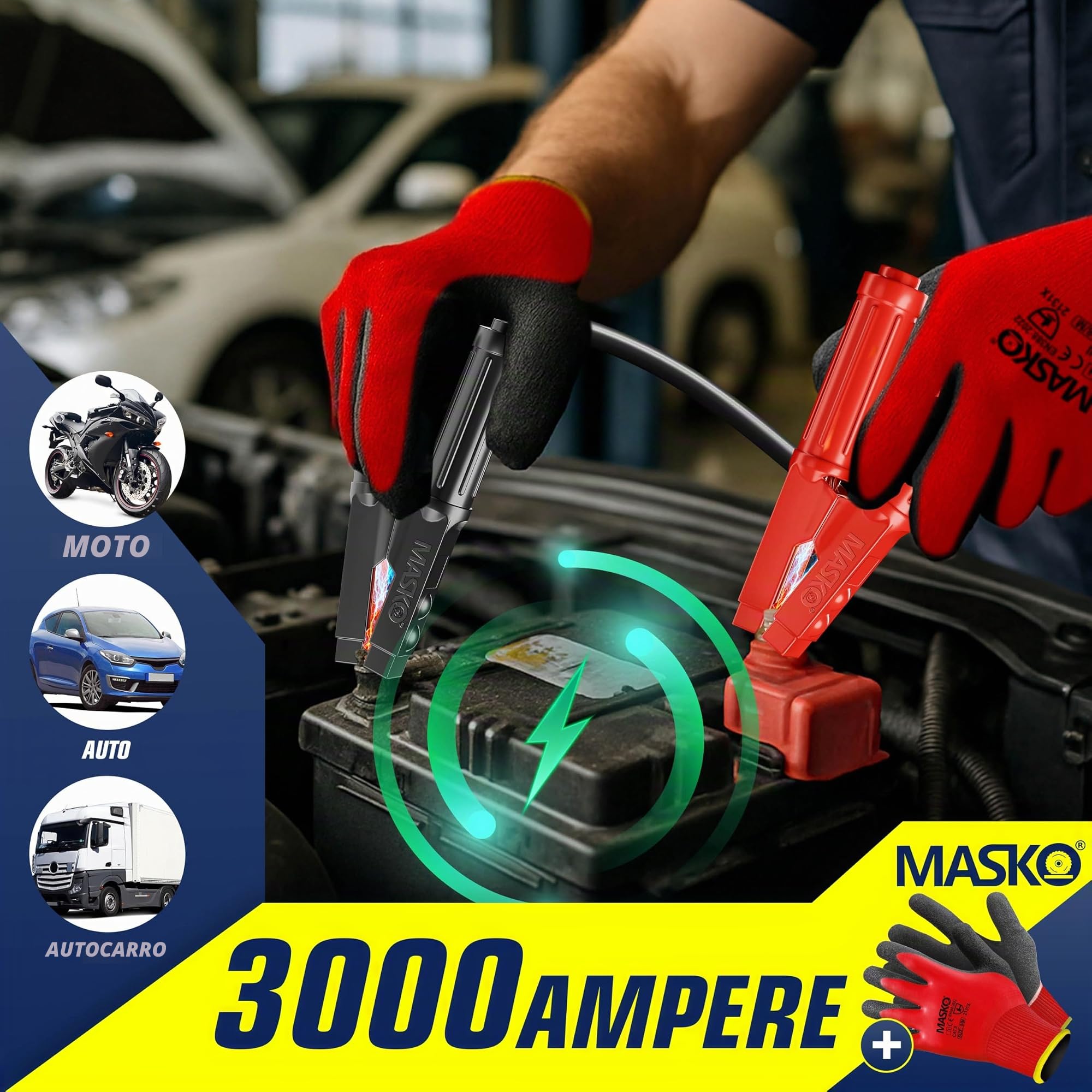 MASKO® - Cavo di avviamento per motori a benzina e diesel, 6/ 12/ 24 Volt, cavo di avviamento per auto e moto, in rame, con guanti e borsa per il trasporto, 2 cavi lunghi 6 m e spessi 50 mm² a 3000 A