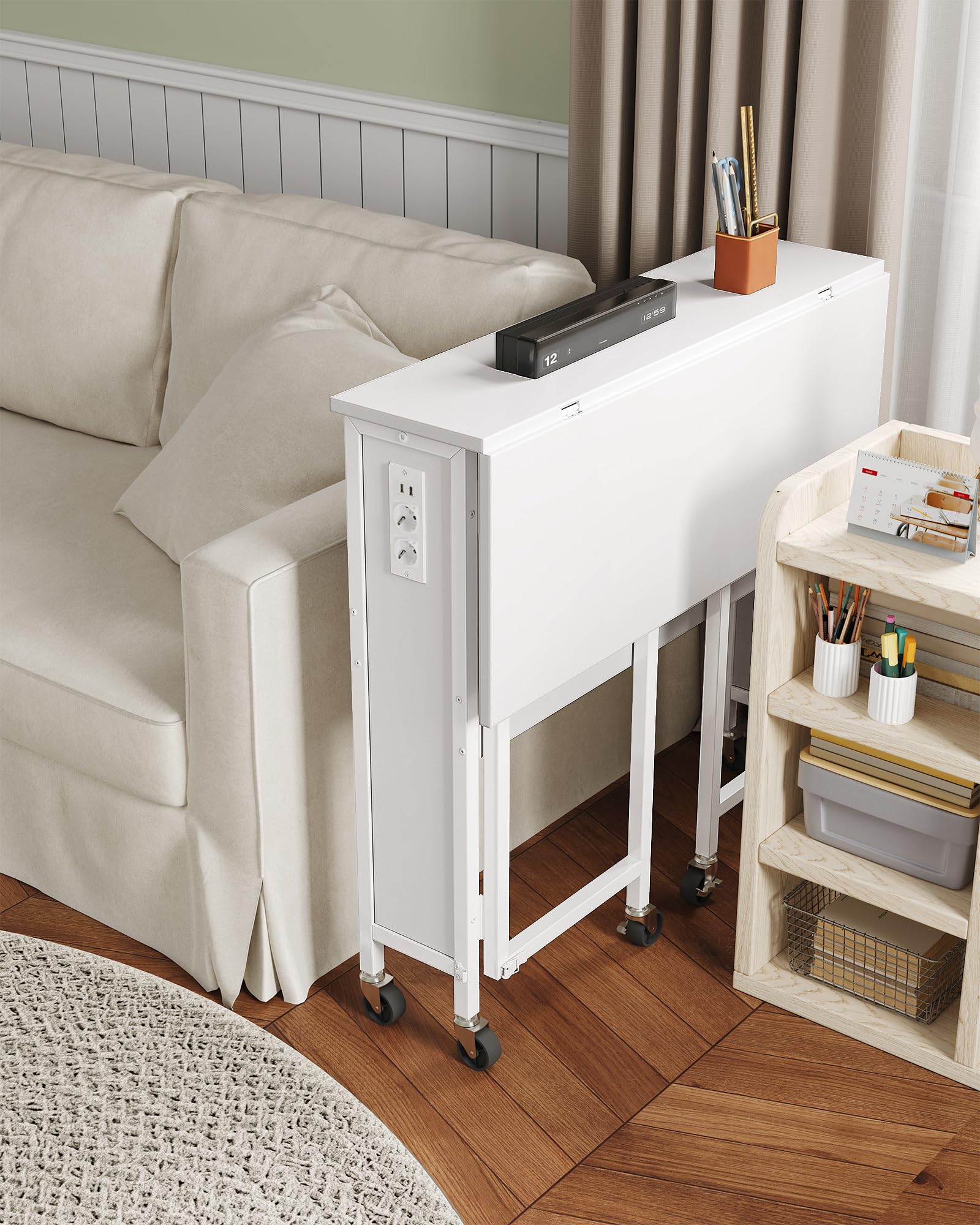 CHOEZON Tavolo pieghevole per computer con ruote, piccolo tavolo pieghevole con base di ricarica, 80 cm, scrivania pieghevole per piccoli spazi, soggiorno, camera da letto, bianco DTDN01CWB