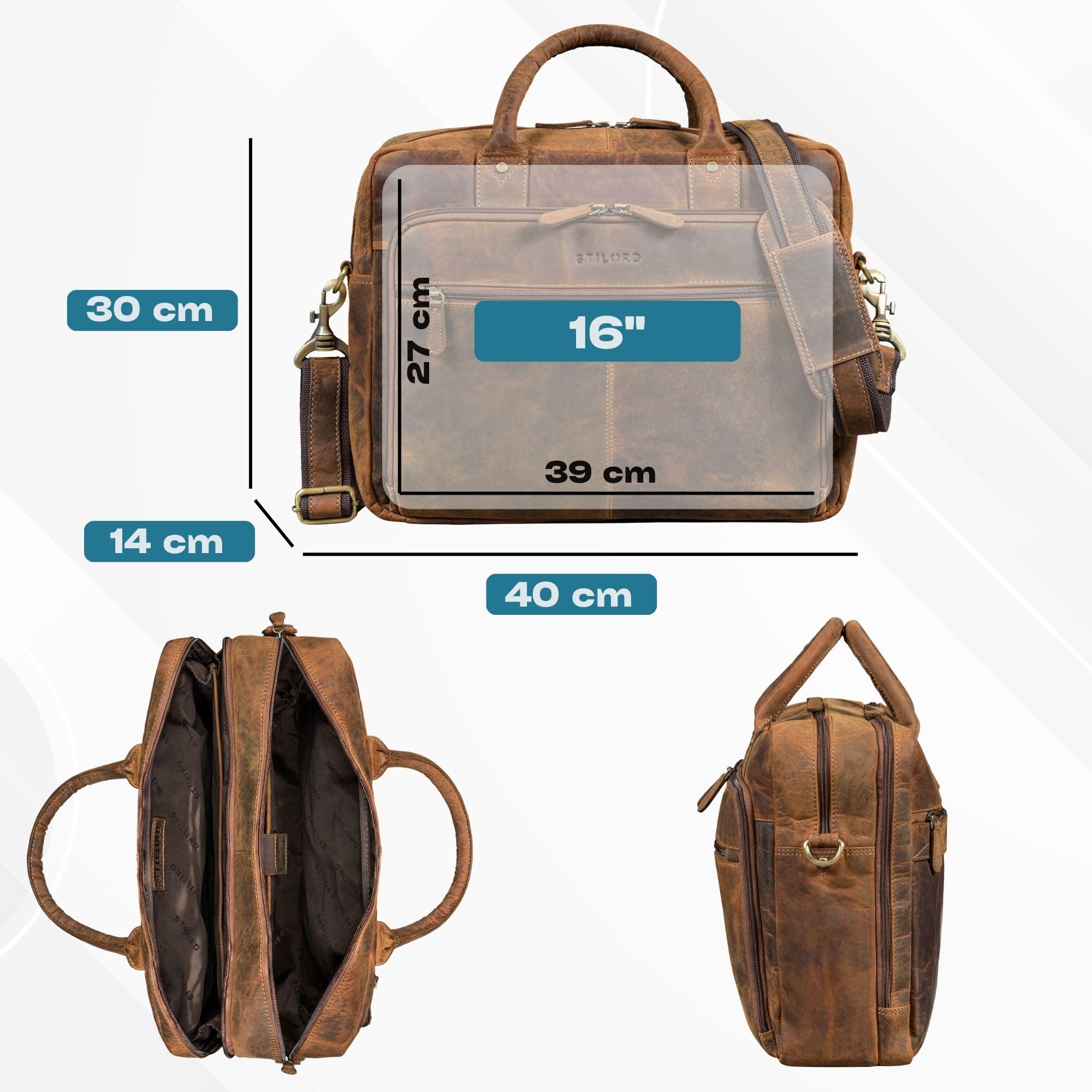 STILORD "Jerome Aktentasche Leder Herren Schwarz Businesstasche mit Laptopfach 15,6 Zoll Laptoptasche Echtleder Arbeitstasche Männer Bürotasche Ledertasche Lehrertasche